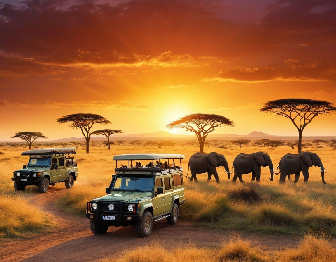 A panoramic view of the Serengeti with wildlife like elephants and lions grazing peacefully under a brilliant sunset, showcasing a lush landscape with eco-friendly safari vehicles in the foreground. Tourists with binoculars observe from a respectful distance, emphasizing the harmony between adventure and nature. Incorporate vibrant colors and a clear sky to enhance the awe-inspiring beauty of conservation. super-realistic. vibrant colors. 3D.