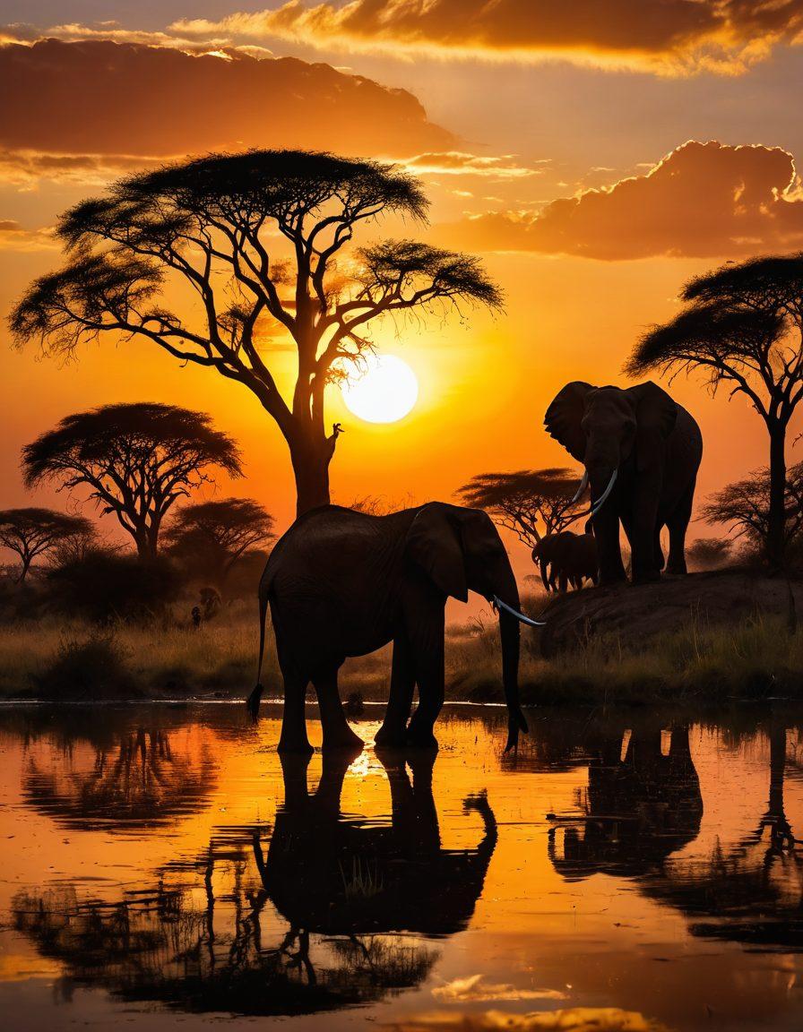 A breathtaking sunset over the African savannah, silhouetting a family of elephants moving gracefully across the scene, with vibrant colors of the sky reflecting on a watering hole. In the foreground, a photographer capturing the moment with a professional camera, surrounded by tall grasses and acacia trees. The atmosphere is lively, showcasing the essence of wildlife and adventure. super-realistic. vibrant colors. panoramic view.